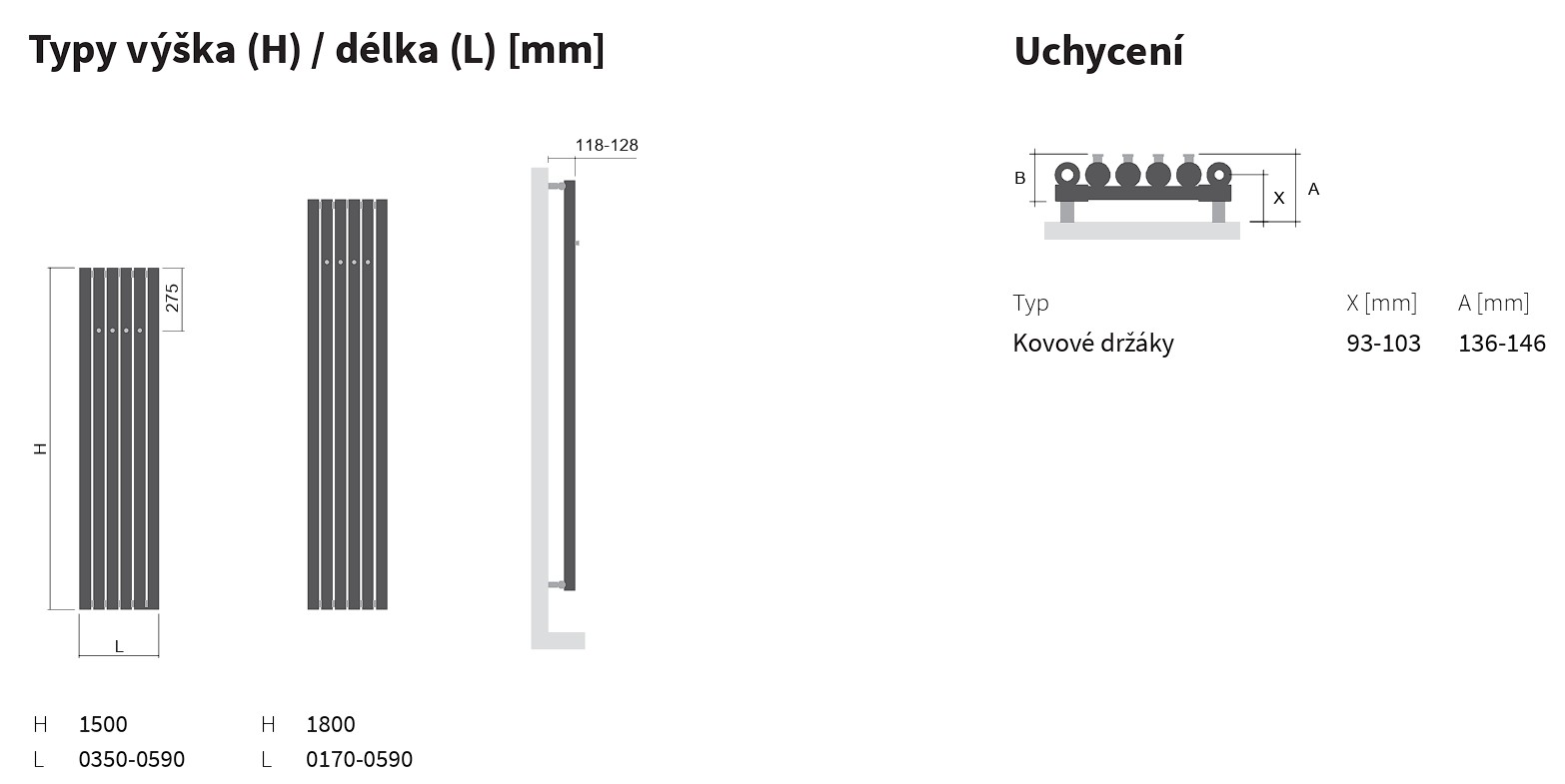 Koupelnový radiátor Akros Uni ISAN Melody technický výkres